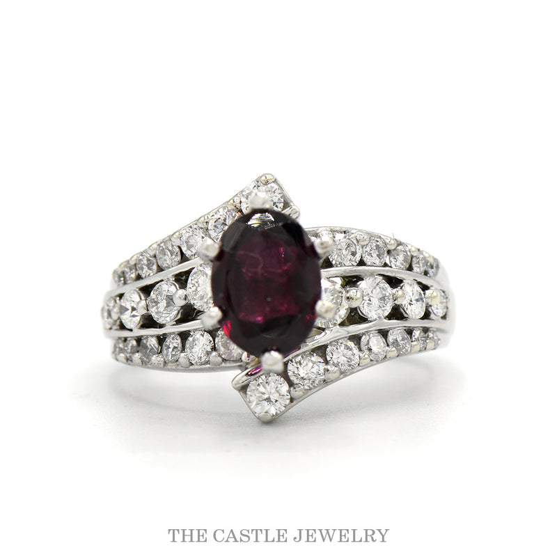 14k white gold oval rhodolite garnet ring with diamond bypass sides — top view