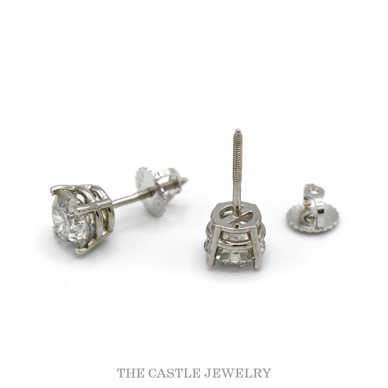 Close view of the 2cttw round diamond stud earrings in 14k white gold