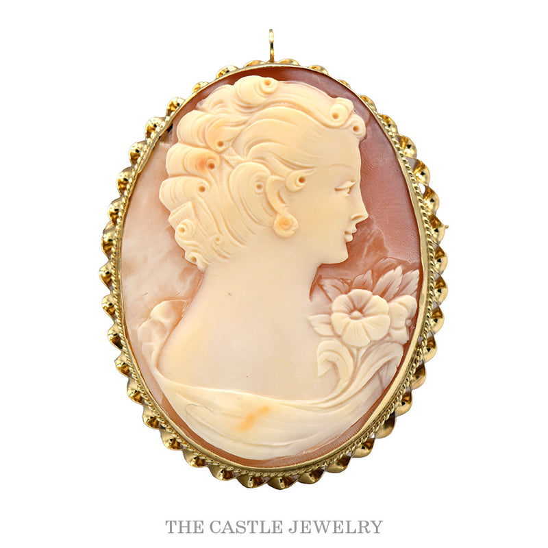 14k yellow gold oval portrait cameo pin with ribbon designed bezel — front view