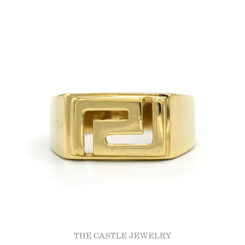 14k yellow gold men's Greek key design ring — top view