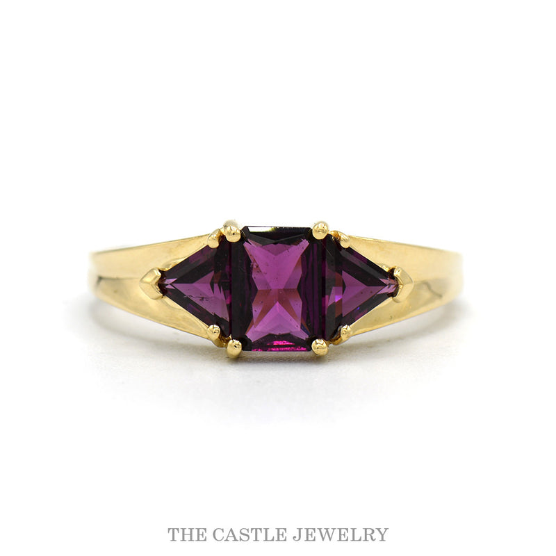 14k yellow gold emerald cut rhodolite garnet three stone ring — top view