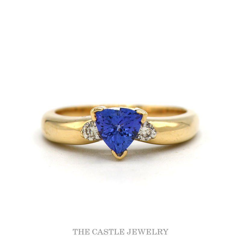 Le Vian trillion cut tanzanite ring with diamond shoulders in 14k yellow gold — top view