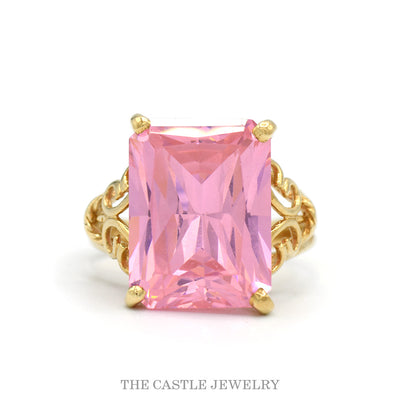 10k yellow gold emerald cut pink ice ring with scroll designed sides — top view