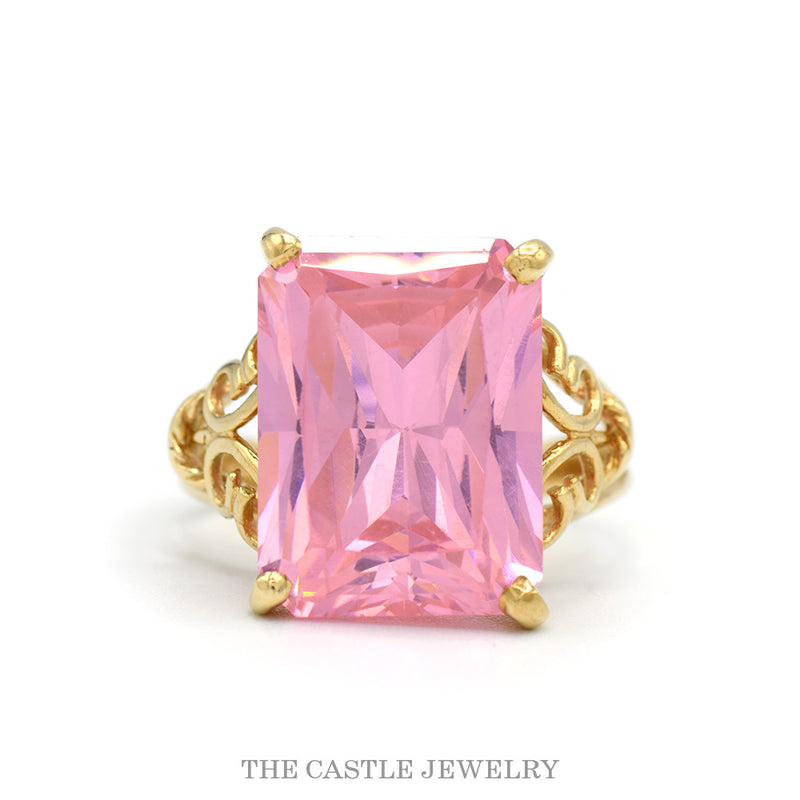10k yellow gold emerald cut pink ice ring with scroll designed sides — top view