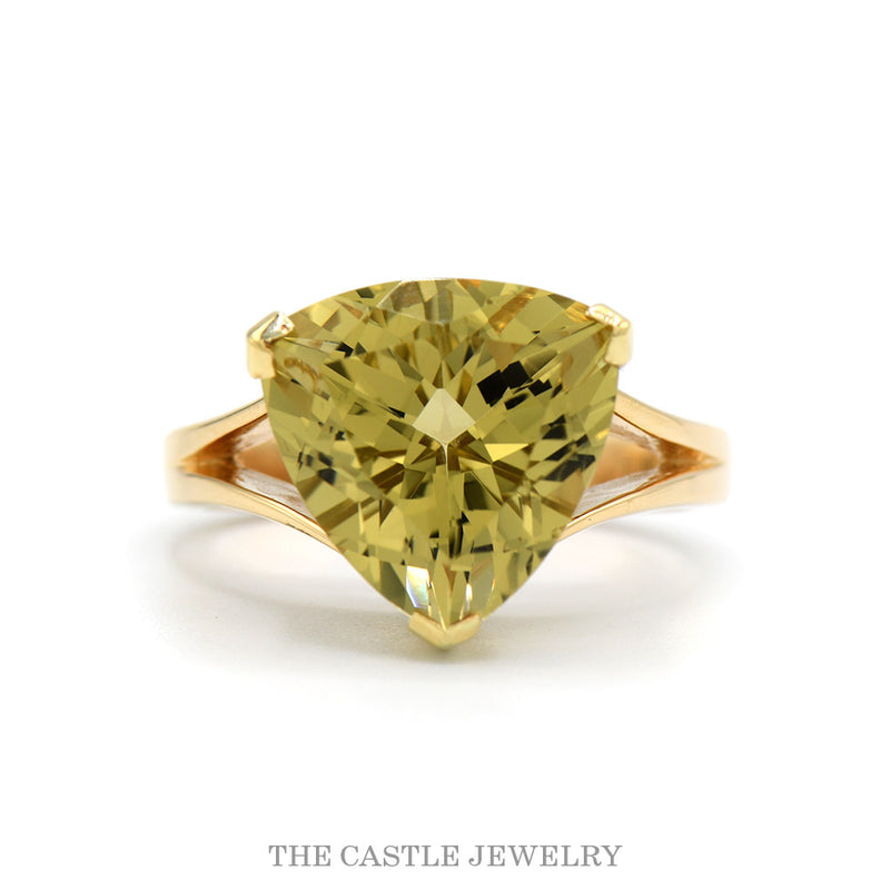 14k yellow gold large trillion cut citrine ring with open sides — top view