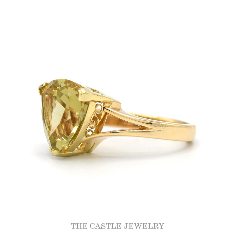 Side profile of the 14k yellow gold trillion citrine ring showing the open split shank