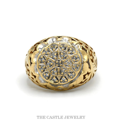 1/4cttw domed Kentucky cluster ring with open filigree sides in 10k yellow gold — top view