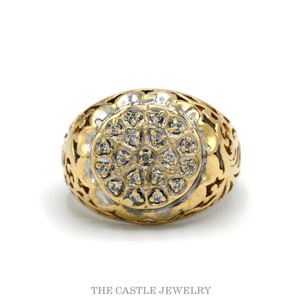1/4cttw domed Kentucky cluster ring with open filigree sides in 10k yellow gold — top view