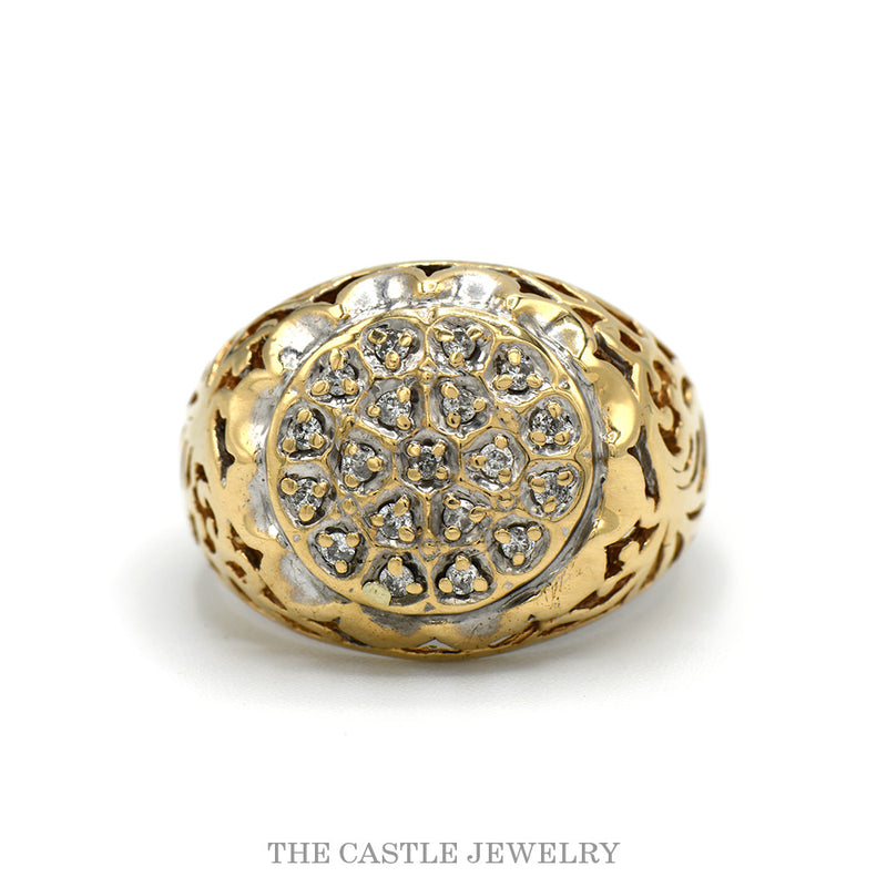 1/4cttw domed Kentucky cluster ring with open filigree sides in 10k yellow gold — top view