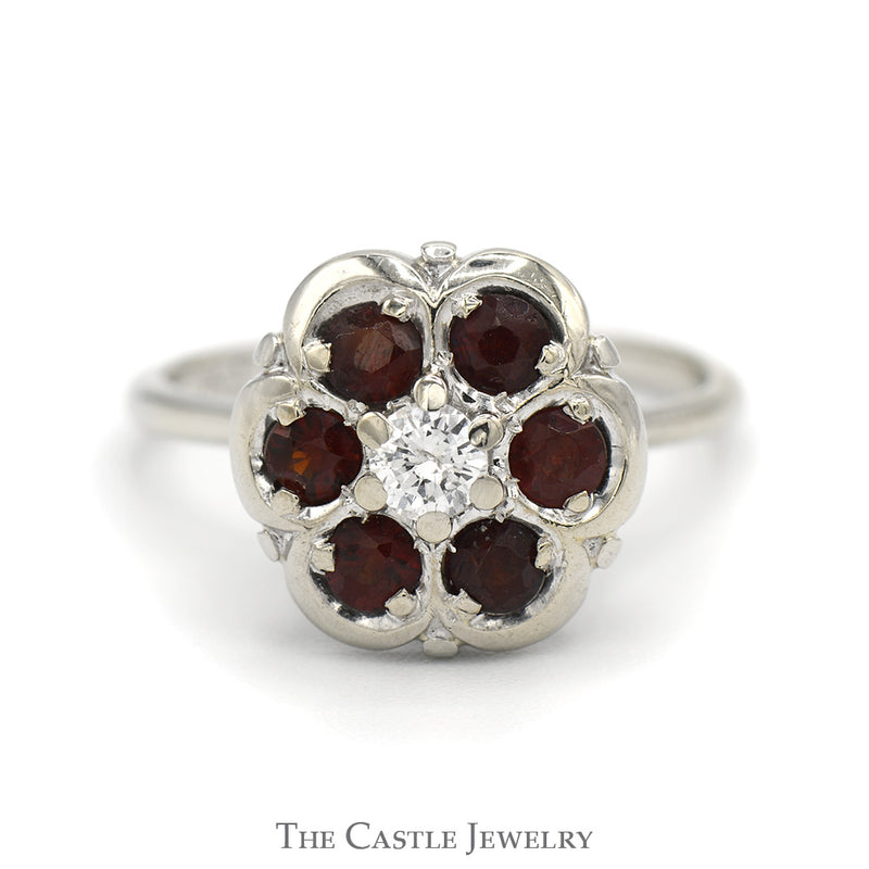 Round Shaped Garnet Cluster Ring with Round Diamond Center in 14k White Gold