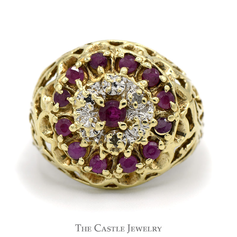 Ruby and Diamond Kentucky Cluster Ring with Filigree Sides in 10k Yellow Gold