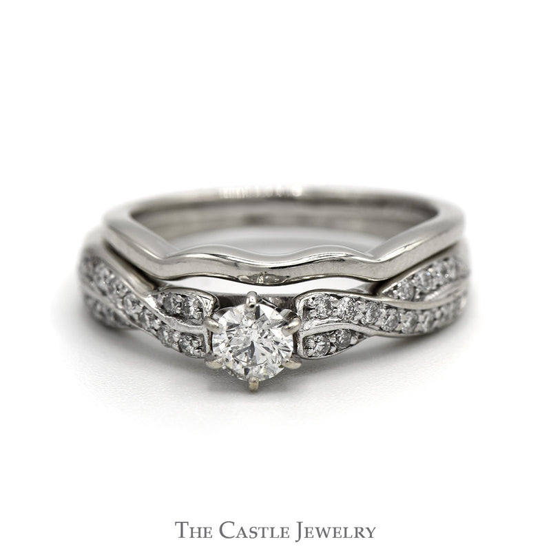 Round Diamond Solitaire Bridal Set with Twisted Diamond Accented Sides & Band in 14k White Gold