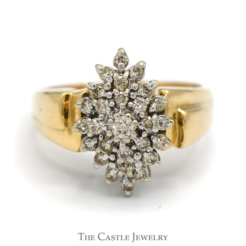 Marquise Shaped 1/2cttw Diamond Cluster Ring in 14k Yellow Gold Ridged Mounting