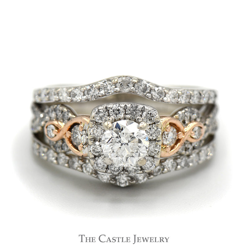 1.5cttw Diamond Solitaire with Halo, Accents and Soldered Matching Insert in Two Tone 14k White and Rose Gold