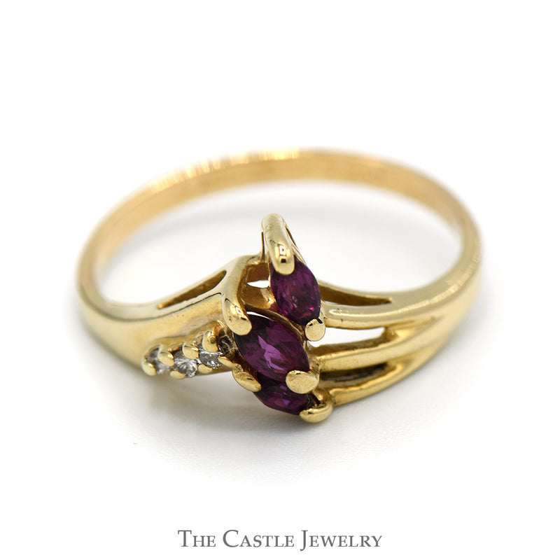 Triple Marquise Rhodalite Garnet Ring with Diamond Accents in 14k Yellow Gold Split Shank V Shaped Setting