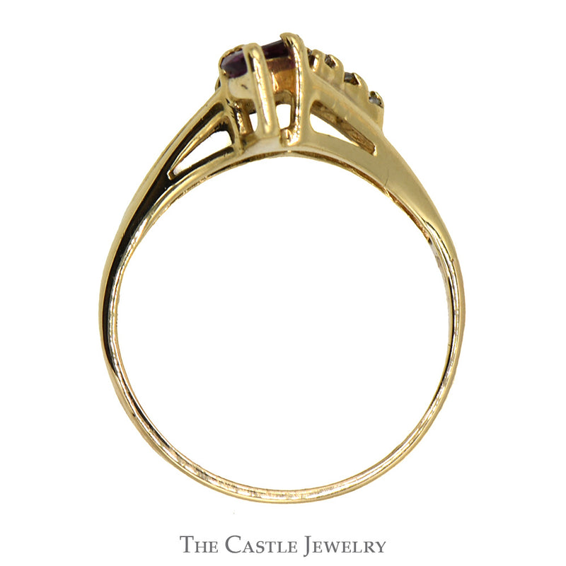 Triple Marquise Rhodalite Garnet Ring with Diamond Accents in 14k Yellow Gold Split Shank V Shaped Setting