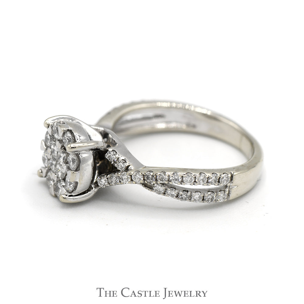 3/4cttw Round Diamond Cluster Ring with Diamond Accented Twisted Sides in 10k White Gold