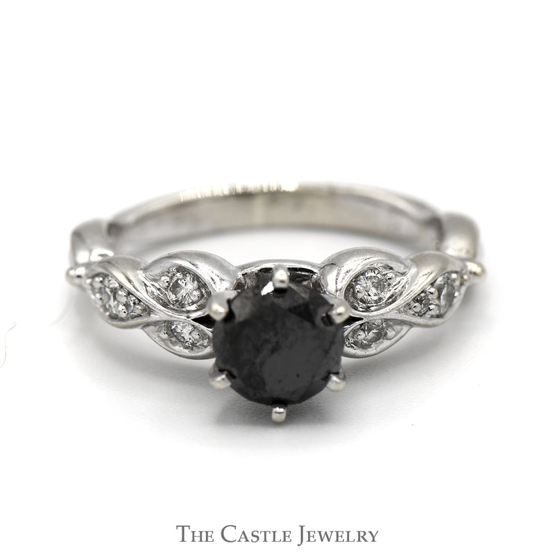 Black Diamond Solitaire Engagement Ring with Round Diamond Accents in 10k White Gold Twisted Mounting