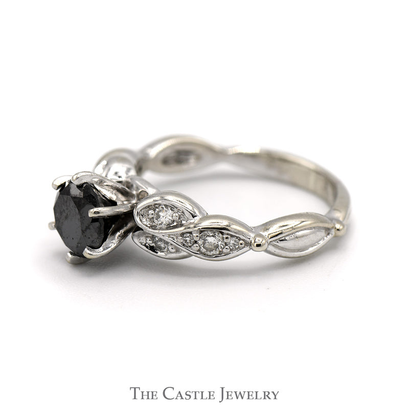 Black Diamond Solitaire Engagement Ring with Round Diamond Accents in 10k White Gold Twisted Mounting