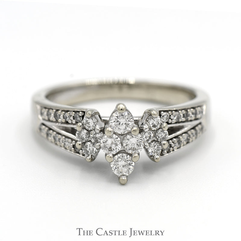 Marquise Shaped Triple Diamond Cluster Ring with Diamond Accented Split Shank Sides in 10k White Gold