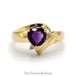 Heart Shaped Amethyst Ring with Round Diamond Accent in 14k Yellow Gold