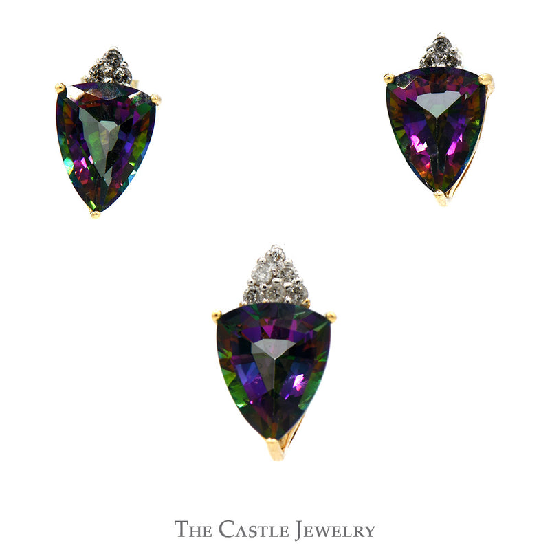 Trillion Cut Mystic Topaz with Diamond Accents Earrings and Pendant Set in 10k Yellow Gold