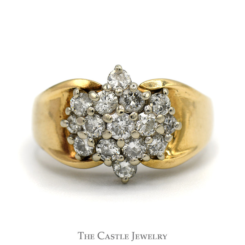 1cttw Diamond Star Cluster Ring with Polished Sides in 14k Yellow Gold