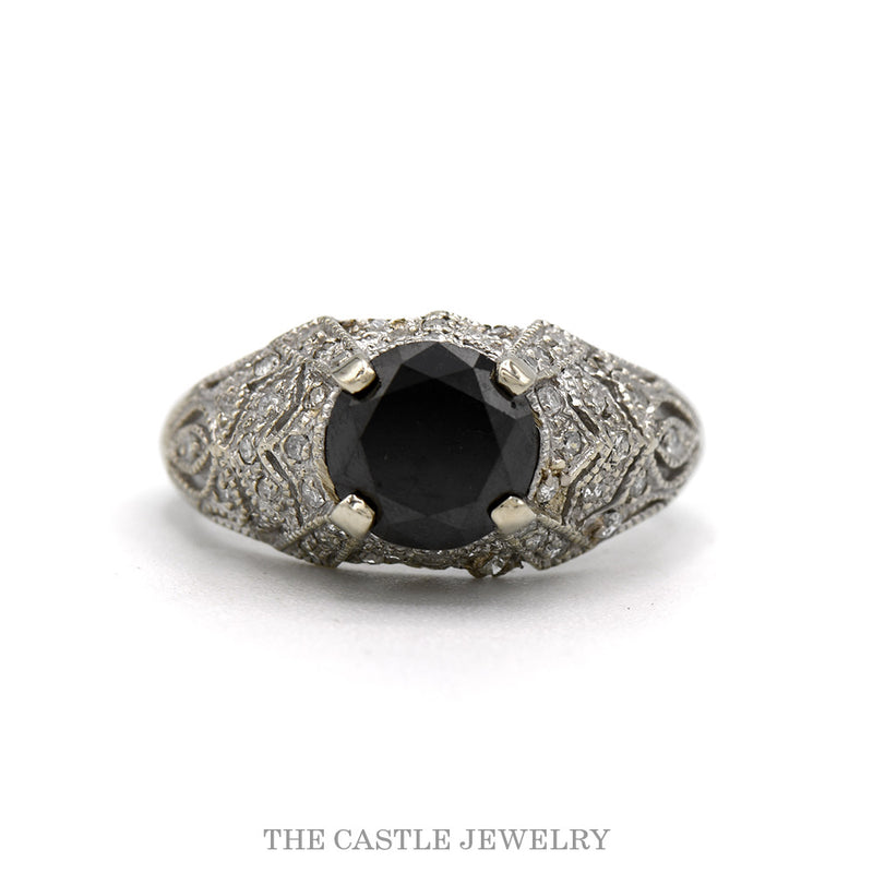 14k white gold black and white diamond antique filigree ring — top view