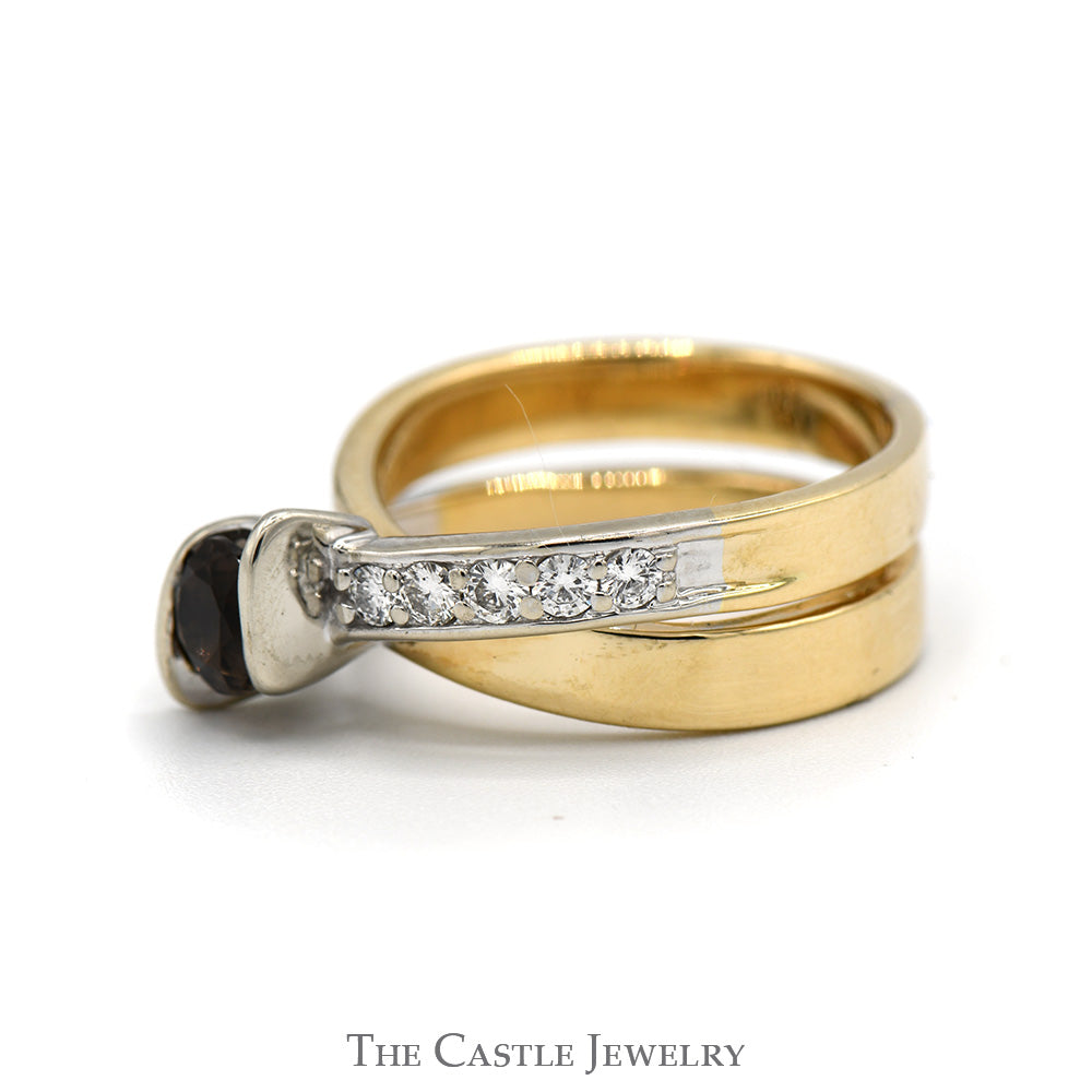 Smoky Quartz And Diamond Ring .30CTTW In Crossover Design 14KT White And Yellow Gold