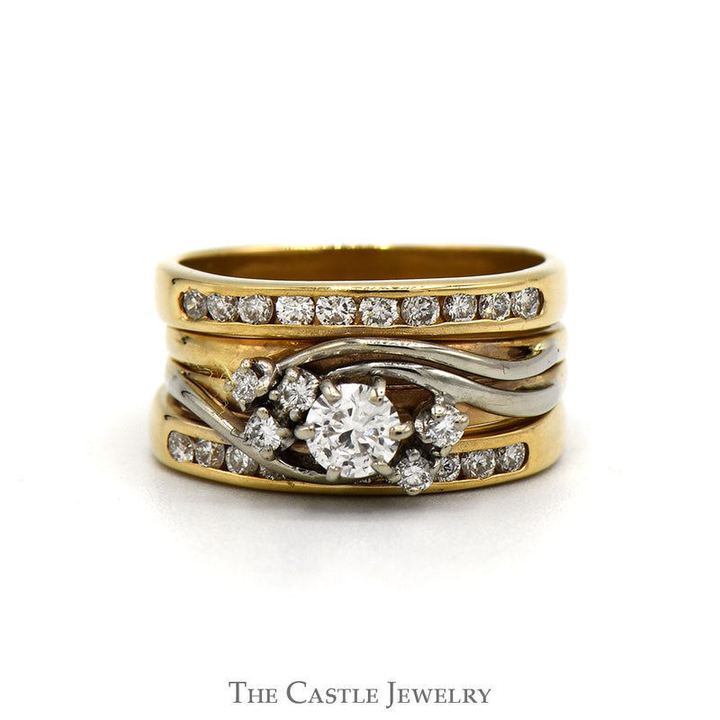 Diamond Wedding Set .50CTTW With .25CT Round Brilliant Cut Center With Channel-Set Diamond Bands In Swirl Design 10KT White And Yellow Gold