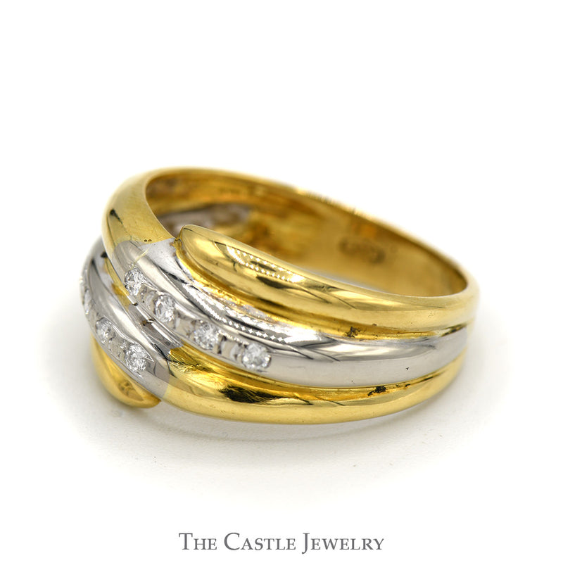 Vintage 18K Gold Wide Diamond Band with White Gold Overlay