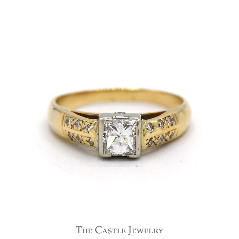 3/4cttw Tension Set Princess Cut Diamond Engagement Ring with Accented Sides in 14k Yellow Gold
