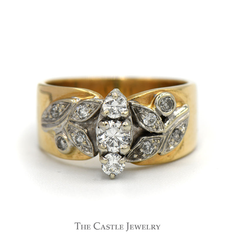 Vertical Three Stone Diamond Ring with Leaf Designed Diamond Accented Sides in 14k Yellow Gold