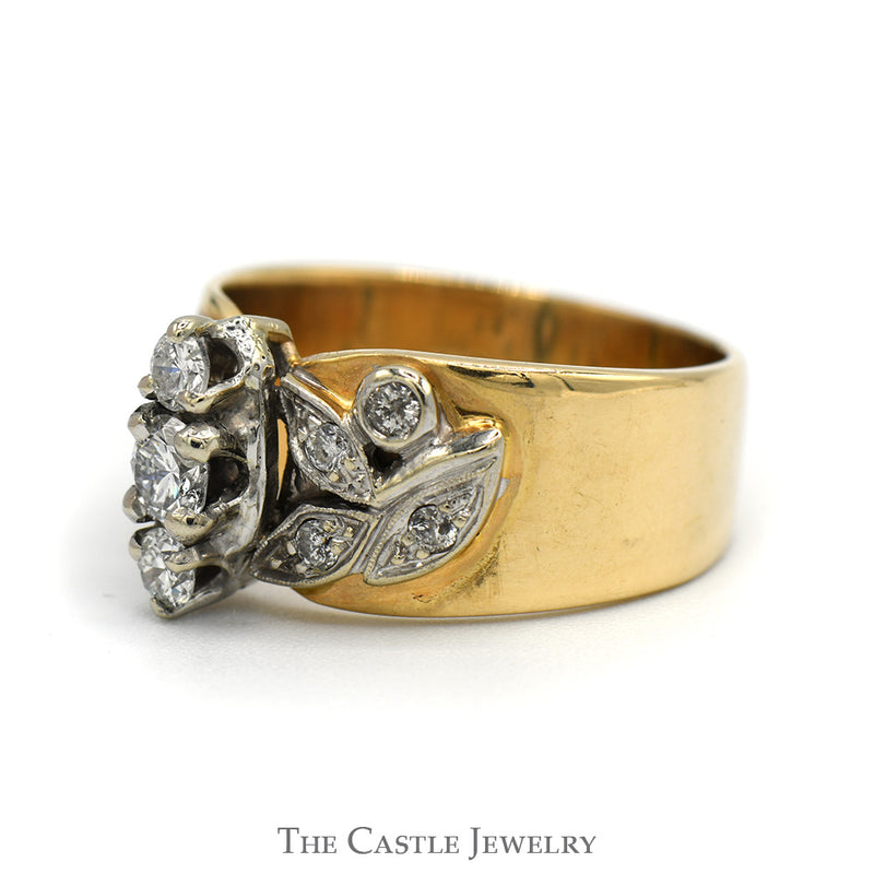 Vertical Three Stone Diamond Ring with Leaf Designed Diamond Accented Sides in 14k Yellow Gold