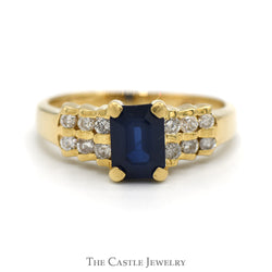 Emerald Cut Sapphire Ring with Two Rows of Round Diamond Accents in 14k Yellow Gold