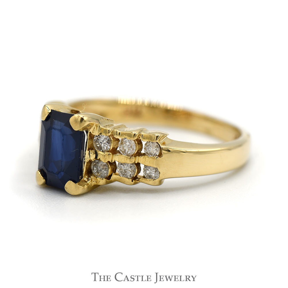 Emerald Cut Sapphire Ring with Two Rows of Round Diamond Accents in 14k Yellow Gold