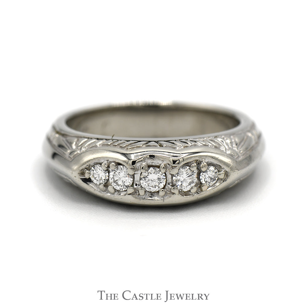 5 Round Diamond Etched Antique Band in 14k White Gold – The Castle Jewelry, image size:1000x1000