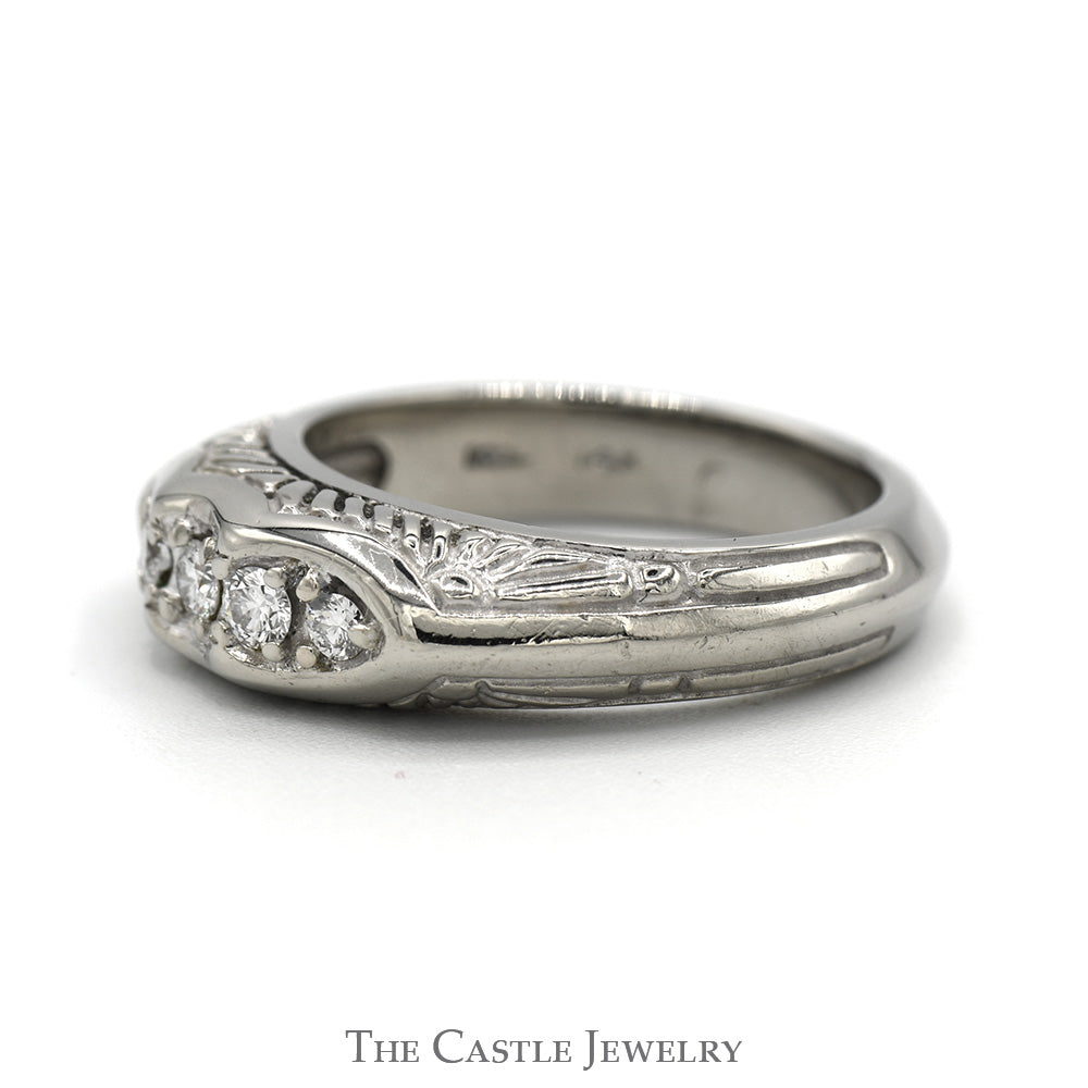 5 Round Diamond Etched Antique Band in 14k White Gold