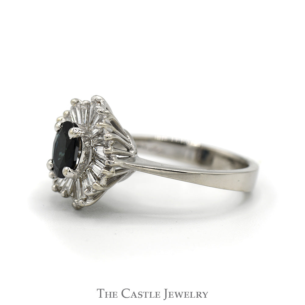 Ballerina Ring With Oval Cut Sapphire Surrounded By A Halo Of Tapered Baguette Cut Diamonds .50cttw In 14KT White Gold