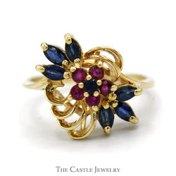 Round Ruby & Marquise Sapphire Cluster Ring with Freeform Vintage Design in 14k Yellow Gold