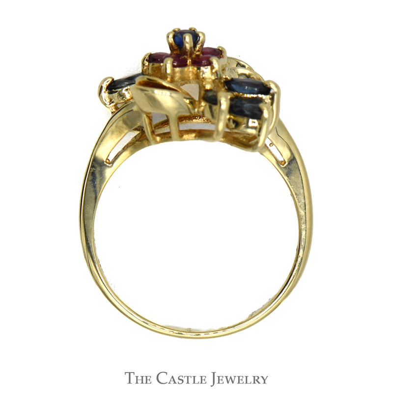 Round Ruby & Marquise Sapphire Cluster Ring with Freeform Vintage Design in 14k Yellow Gold