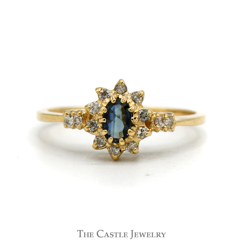 Oval Cut Sapphire Ring With Diamond Halo And Sides .10CTTW In 14KT Yellow Gold
