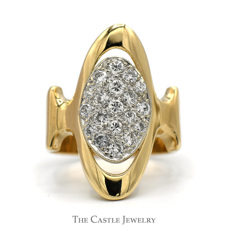 Oval Shaped 1/2cttw Diamond Cluster Open Shield Ring in Polished 14k Yellow Gold