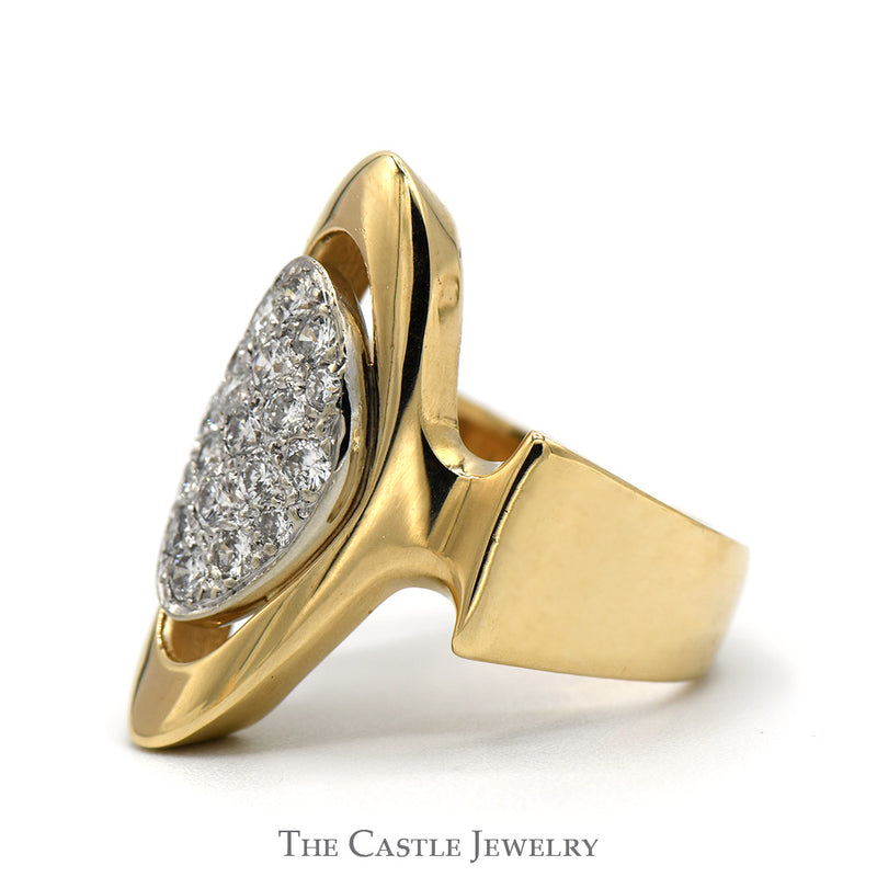 Oval Shaped 1/2cttw Diamond Cluster Open Shield Ring in Polished 14k Yellow Gold