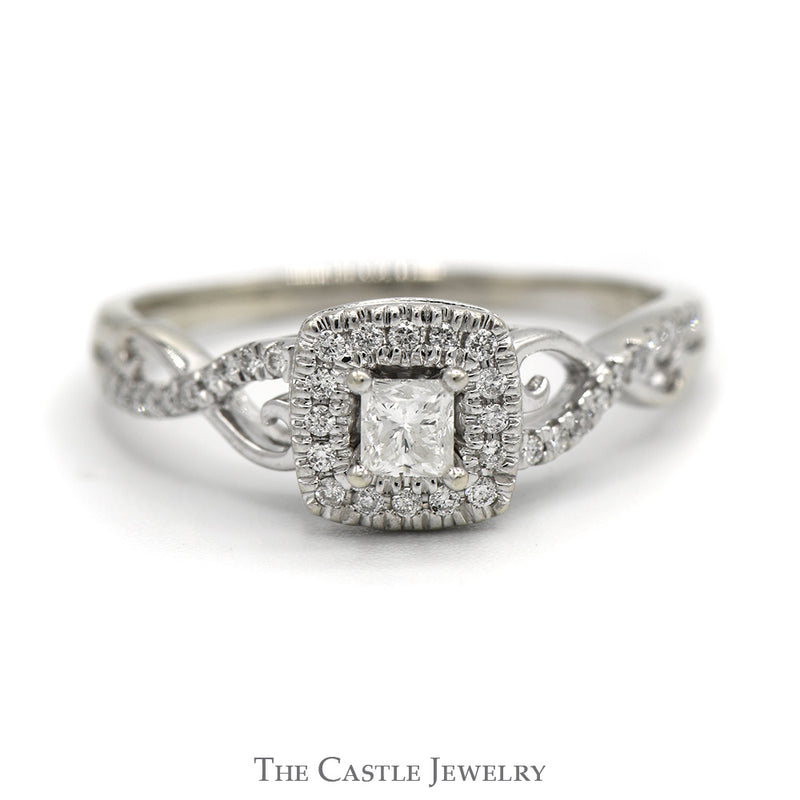 Princess Cut Diamond Engagement Ring with Diamond Halo and Diamond Accented Twisted Sides in 10k White Gold