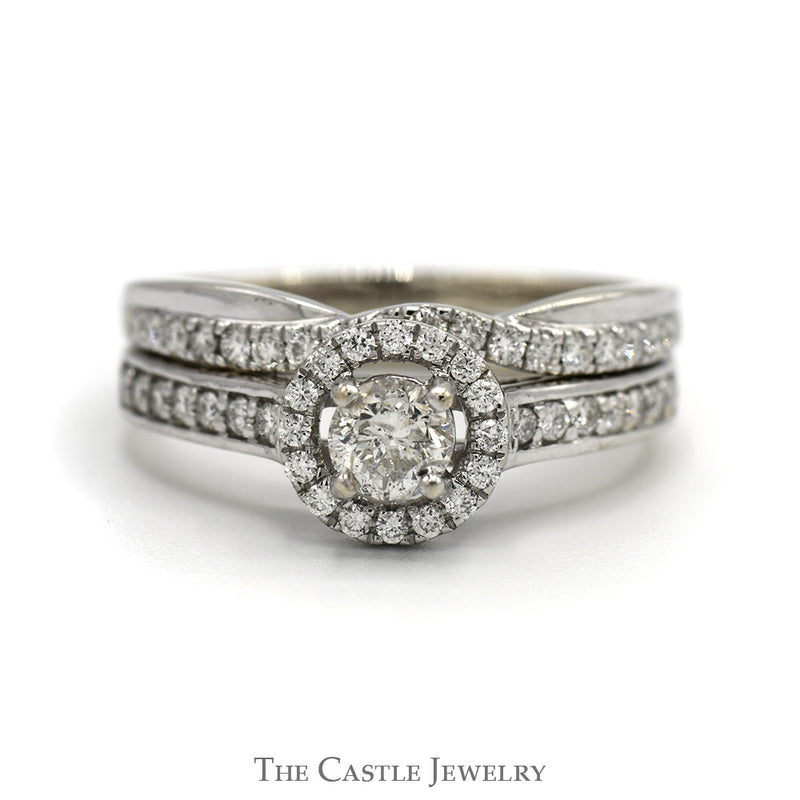 Round Diamond Bridal Set with Diamond Halo and Matching Soldered Curved Diamond Band in 14k White Gold