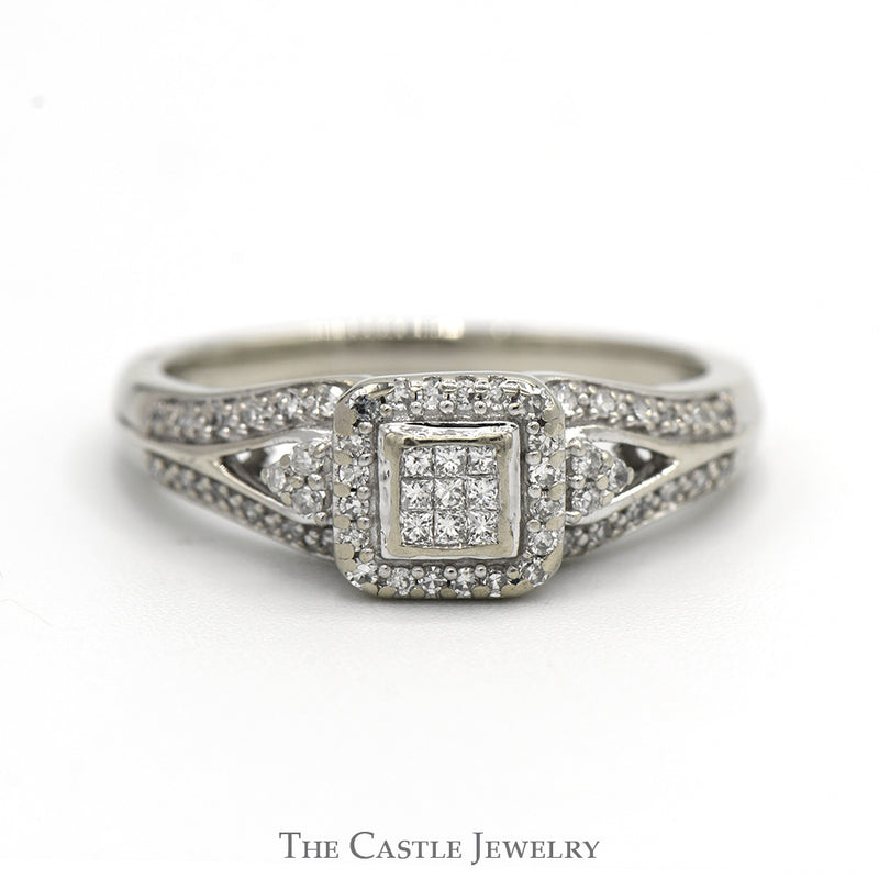 Invisiset Princess Cut Diamond Cluster Engagement Ring with Diamond Halo & Accents in 10k White Gold Split Shank