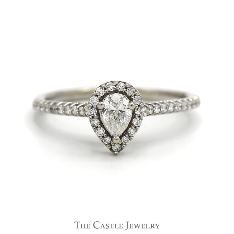 Pear Cut Diamond Engagement Ring with Diamond Halo and Accented Sides in 14k White Gold