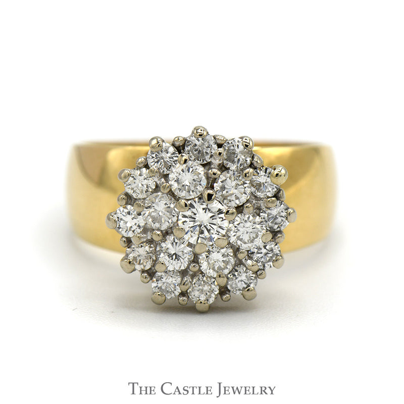 1cttw Round Diamond Cluster Ring with Wide Polished Band in 14k Yellow Gold
