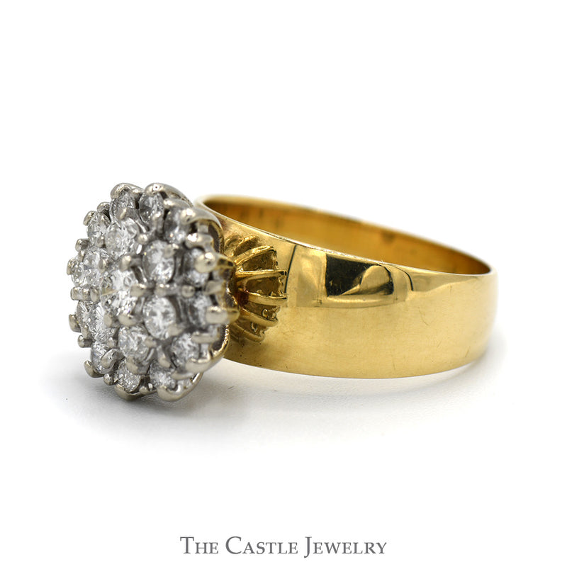 1cttw Round Diamond Cluster Ring with Wide Polished Band in 14k Yellow Gold